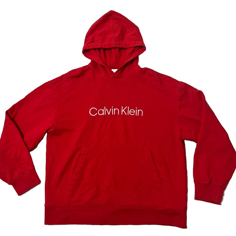 Calvin Klein Men's RED Pullover Hoodie Embroidered Logo Kangaroo Pocket S